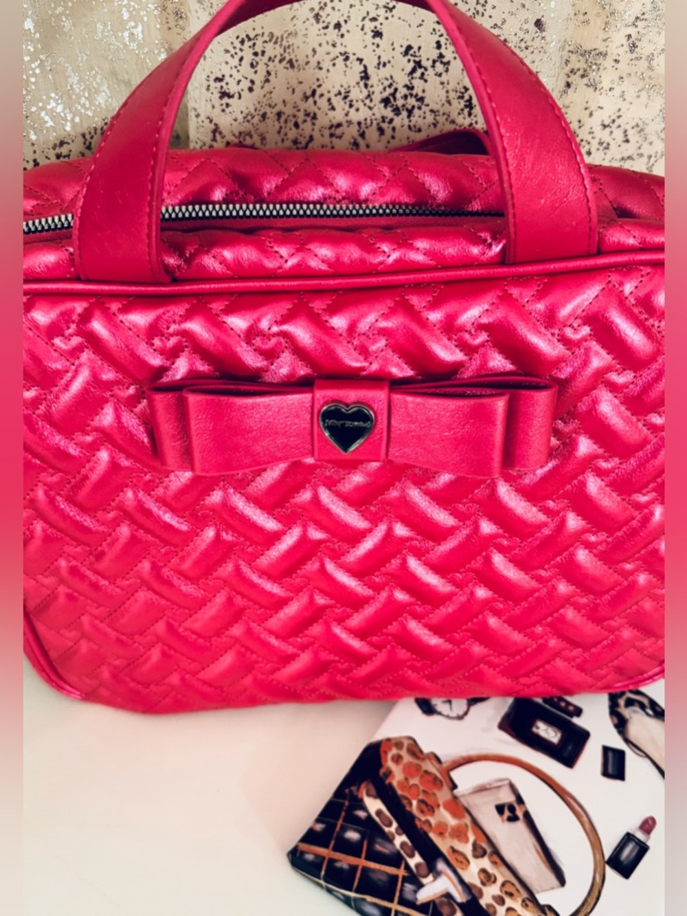 Betsey Johnson Quilted Cosmetic Bag in Hot Pink